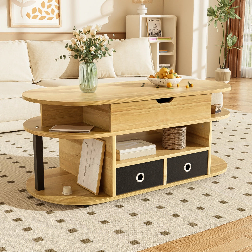 OKWISH Tavolino da Salotto Rettangolare con Piano Sollevabile, 2 Cassetti in Tessuto e Vano, Nero e Legno, 105 x 50 x 45/60 cm