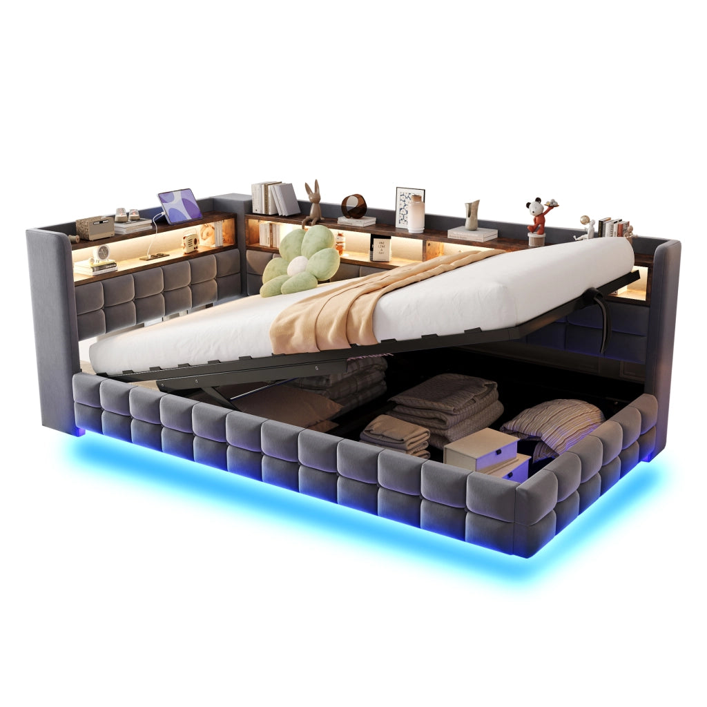 Divano letto multifunzionale in velluto grigio scuro 90x200 vano ripiano LED USB