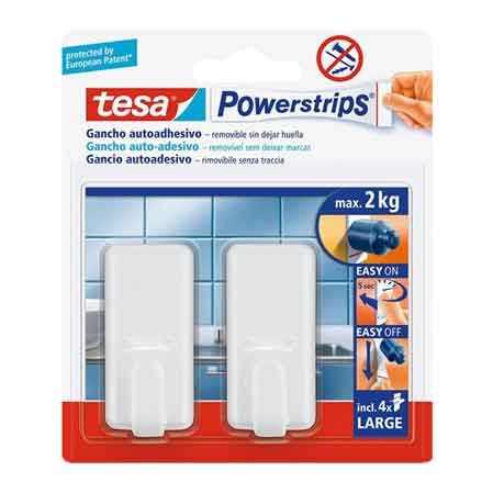 GANCIO RETTANGOLARE 'POWERSTRIPS' BIANCO Mod. L, 2 ganci + 4 strisce - Portata 2 Kg - TESA