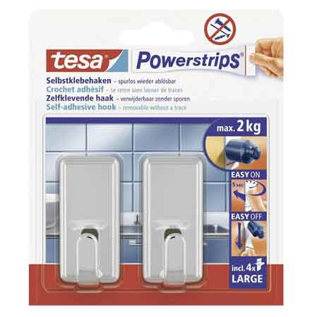 GANCIO RETTANGOLARE 'POWERSTRIPS' ARGENTO Mod. L, 2 ganci + 4 strisce - Portata 2 Kg - TESA