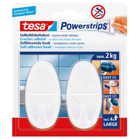 GANCIO OVALE 'POWERSTRIPS' BIANCO Mod. XL, 1 gancio + 3 strisce - Portata 3 Kg - TESA