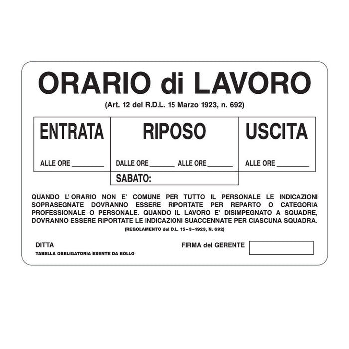 CARTELLO 'ORARIO DI LAVORO' 20x30 cm - 10 pezzi