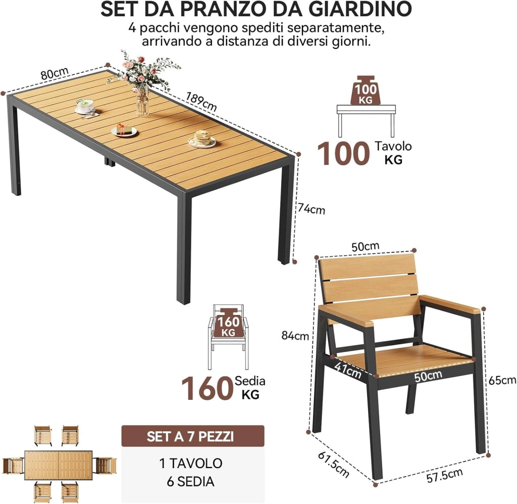 HDPS Set Tavolo e Sedie da Giardino 7 Pezzi Resistente alle Intemperie, Completo di Tavolo 189 cm e 6 Sedie da Esterno in Alluminio, Finitura a Vena di Legno e Facile da Manutenzionare,Naturale