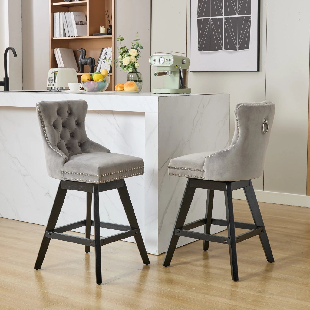 Sgabelli da Bar Girevoli in Velluto ¨C MINIMAL ¨C Grigio, Gambe in Legno, Set 2 Pezzi