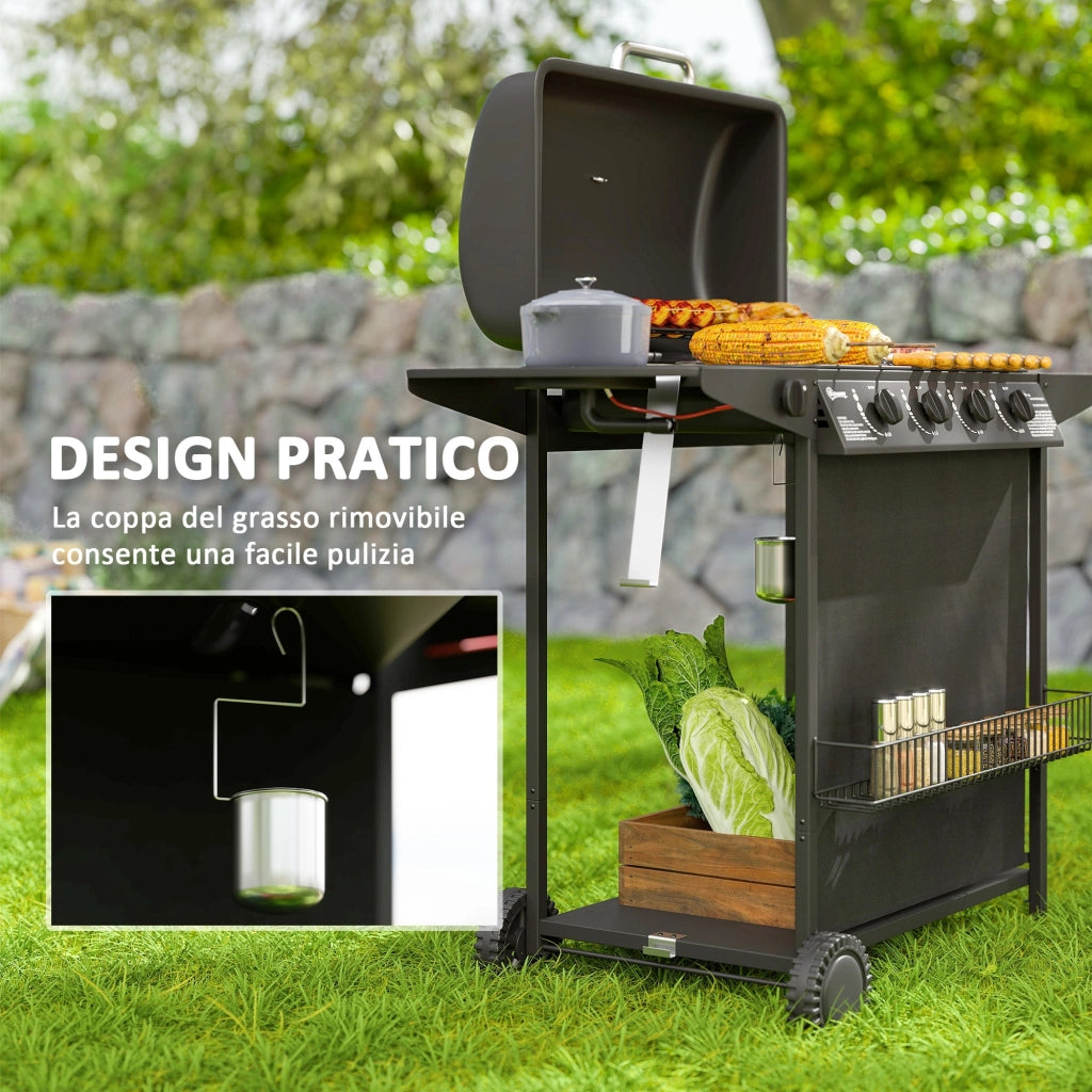 Barbecue a Gas con 4+1 Bruciatori Indipendenti 121x54x97 cm Coperchio con Termometro Nero