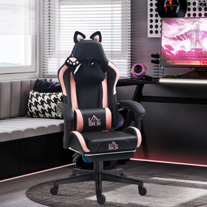 Sedia da Gaming Ergonomica con Orecchie da Gatto Poggiapiedi Retrattile e Schienale Reclinabile 135° Rosa e Nero