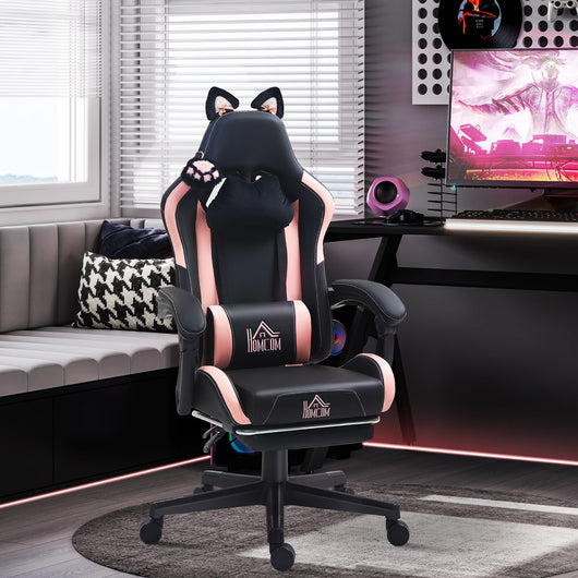 Sedia da Gaming Ergonomica con Orecchie da Gatto Poggiapiedi Retrattile e Schienale Reclinabile 135° Rosa e Nero