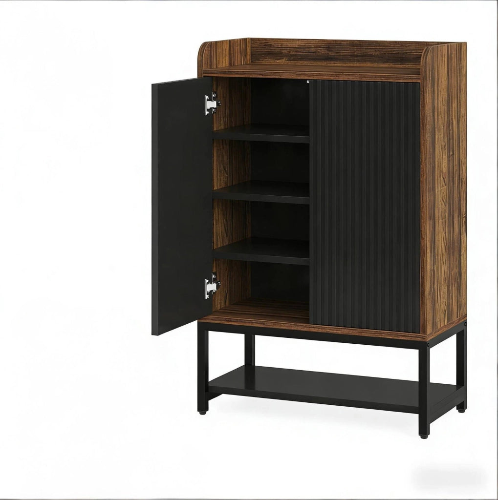 Scarpiera da ingresso a 5 ripiani con ante; 73 x 35 x 105;5 cm; in metallo e legno; nero e marrone