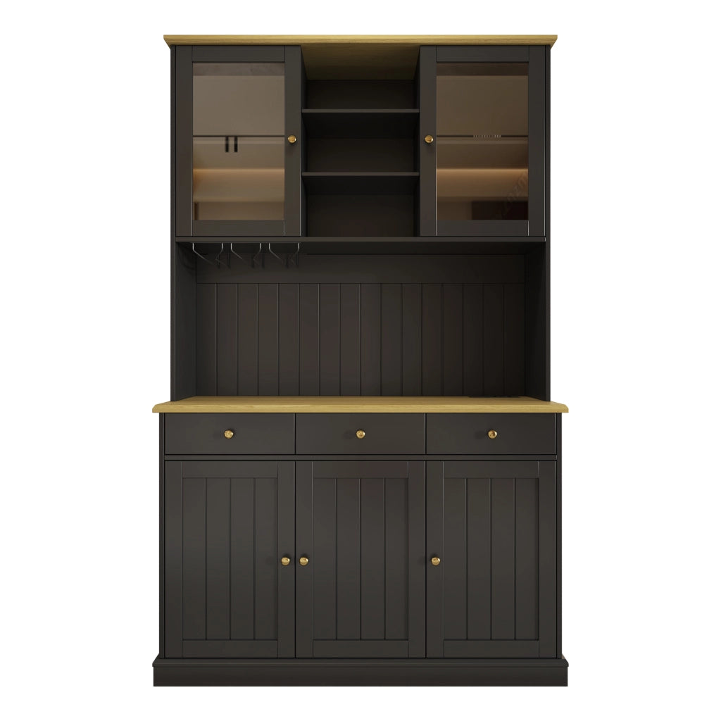 Credenza Alta da Cucina con Vetrina; 1 Cassetto; Portabicchieri; 2 Prese e USB-A USB-C; in MDF; Nero; 120 x 40 x 191 cm