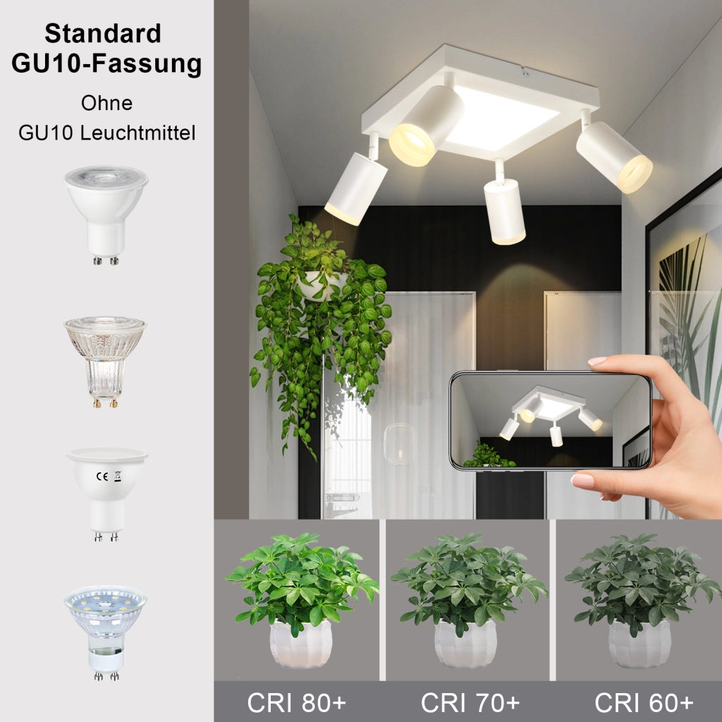 ZMH Faretto da soffitto 4 lampadine quadre 3000K GU10 installazione semplice bianco caldo orientabile 350° moderno