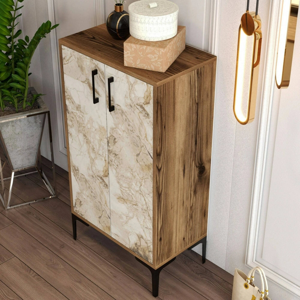 Scarpiera Axarix, Mobile portascarpe, Armadio da ingresso multiuso, Mobiletto per calzature, 60x35h111 cm, Noce e Bianco Marmo