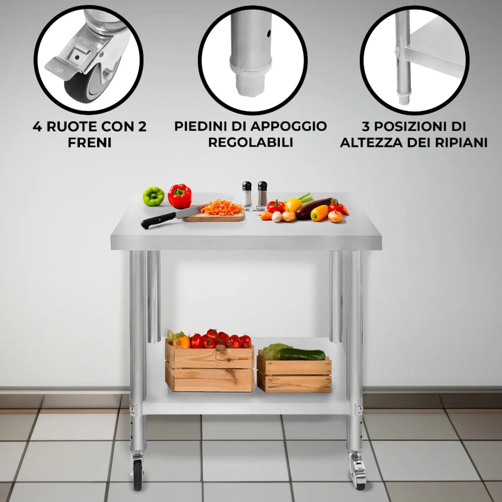 Banco di lavoro per ristorazione Tavolo in acciaio inox per la preparazione degli alimenti Cucina mobile 76cm x 45cm x 86cm