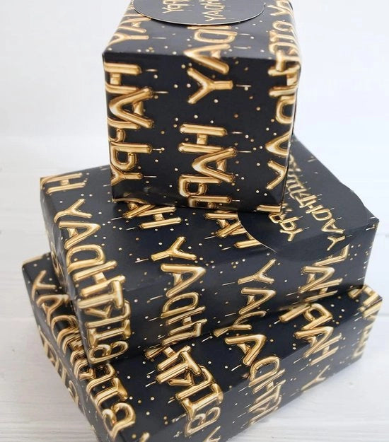 Scatola di Regali con Palloncini per Compleanni, 2 Fogli e 2 Etichette, Materiale Riciclabile Nero e Oro - Carta da Regalo 12367A