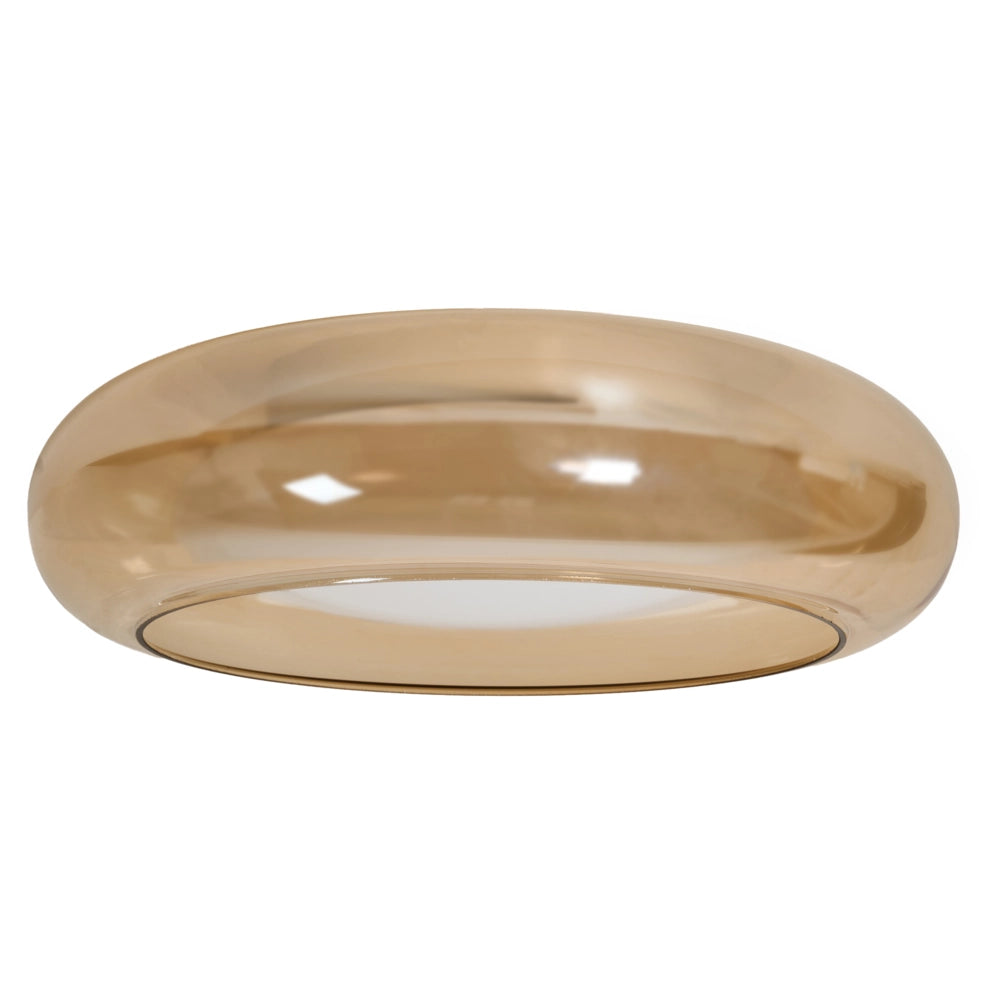 Lampada da soffitto con luci LED integrate, paralume in vetro a forma di anello, base in metallo con dimmer marrone