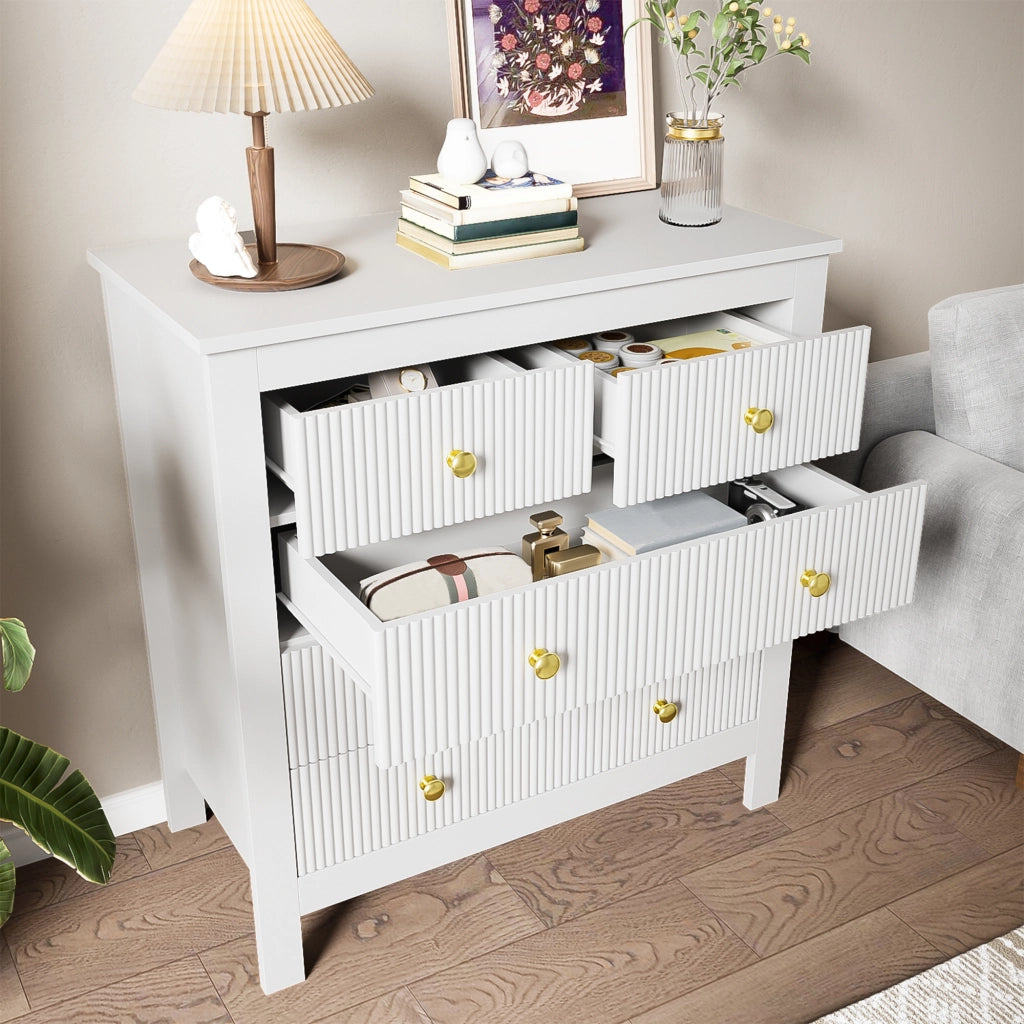 Comò con 5 cassetti e superficie strutturata, maniglie dorate, pannello truciolare bianco, 79 × 80,5 × 39,5 cm