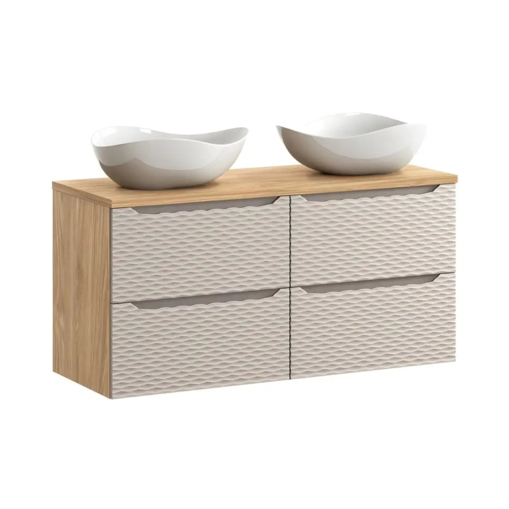 Set da bagno YOKA beige: 2 mobili sotto lavabo 60 cm + piano per lavabo + 2 lavabi