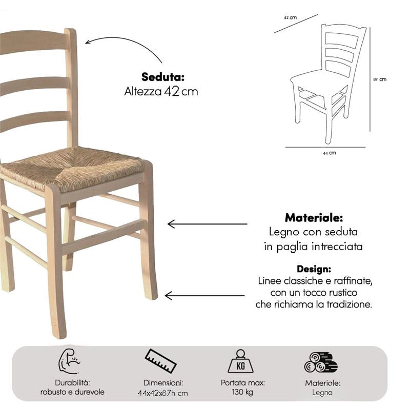 SEDIA IN LEGNO COLORE NATURALE 44×42×87 CM MODELLO PAESANA CON SEDUTA IN PAGLIA GREZZA E SCHIENALE ALTO - 2PZ