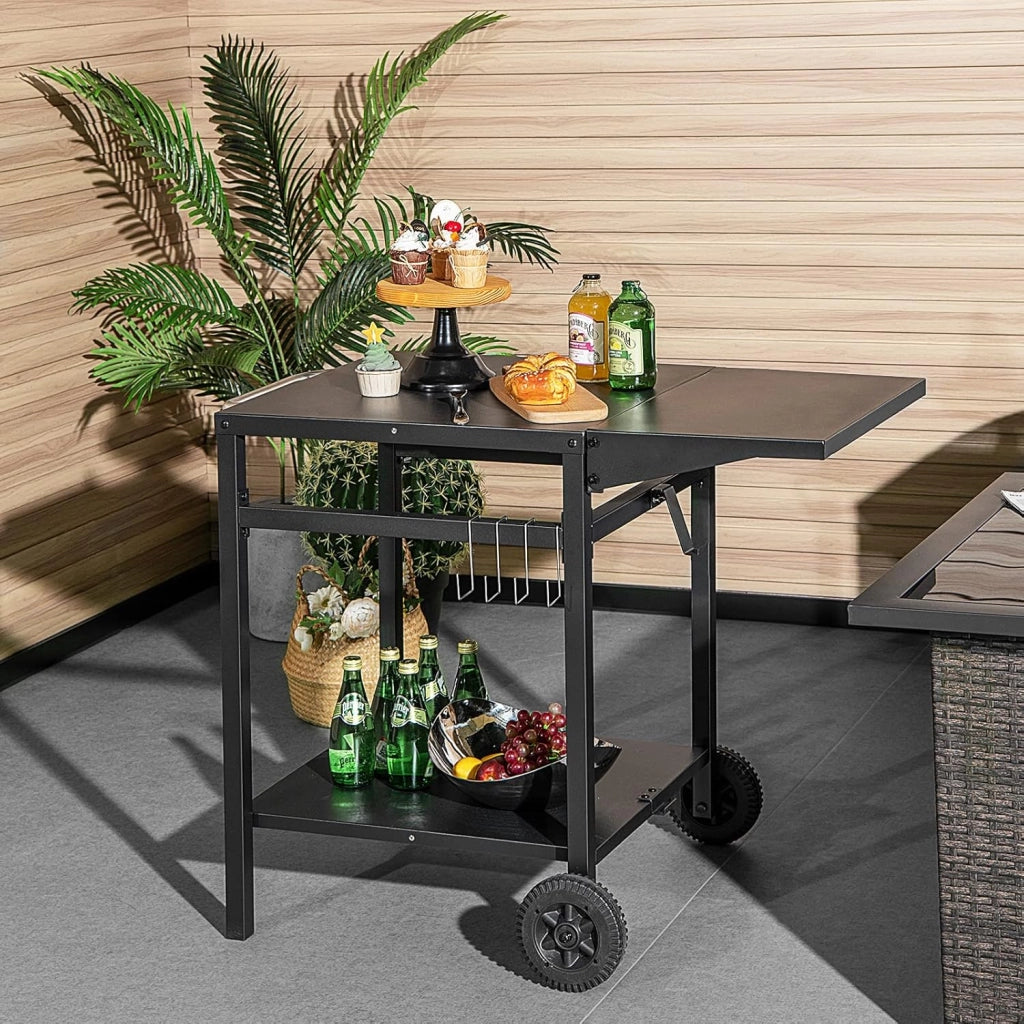 Carrello Cucina con Laminati Pieghevoli, 4 Ganci Extra e 2 Ruote, Scaffale Cucina in Metallo per Grigliate, Carrello per Barbecue, Carrello di Servizio per Giardino, 96,5 x 64 x 75,5 cm