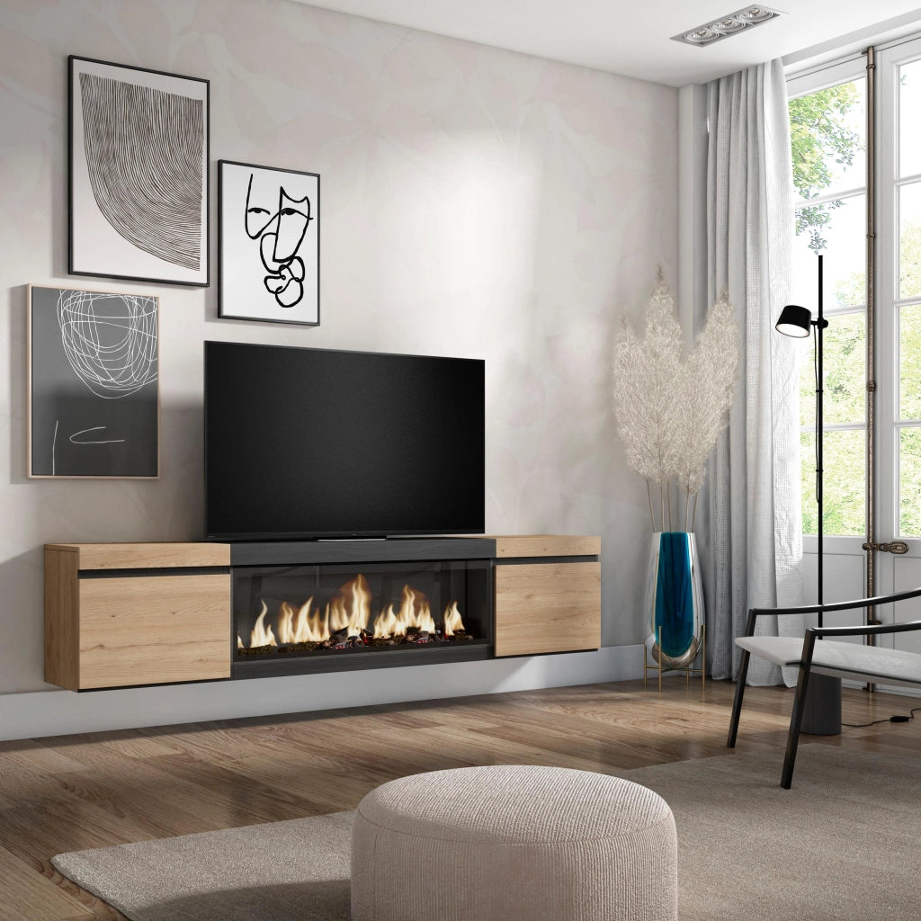 Mobile TV Soggiorno, 208x35x45cm, Per TV fino a 80", Camino elettrico XXL, da appendere, colore Rovere e nero RF3271
