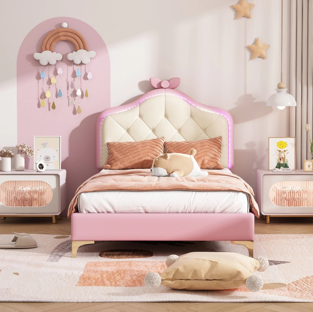 Letto imbottito 90x200 cm con LED e fiocco in PU bianco e rosa