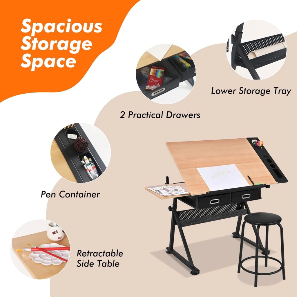 Tavolo da Disegno con Sgabello, Tavolo Architettonico Regolabile in Altezza e Inclinabile, Scrivania Tavolo da Lavoro con Cassetti e Doppie Superfici di Lavoro per Caratteri (Naturale)