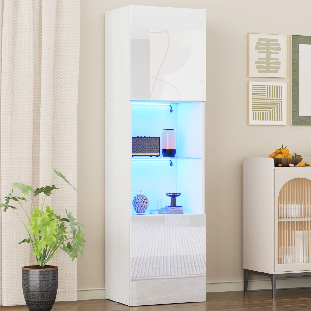 Vetrina con LED e 1 ripiano in vetro, anta lucida, per soggiorno e ufficio, truciolare bianco, 45 × 35 × 160 cm