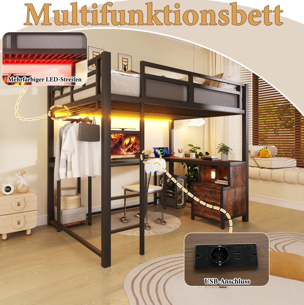 Letto a soppalco 140x200 in metallo con scrivania, LED e USB