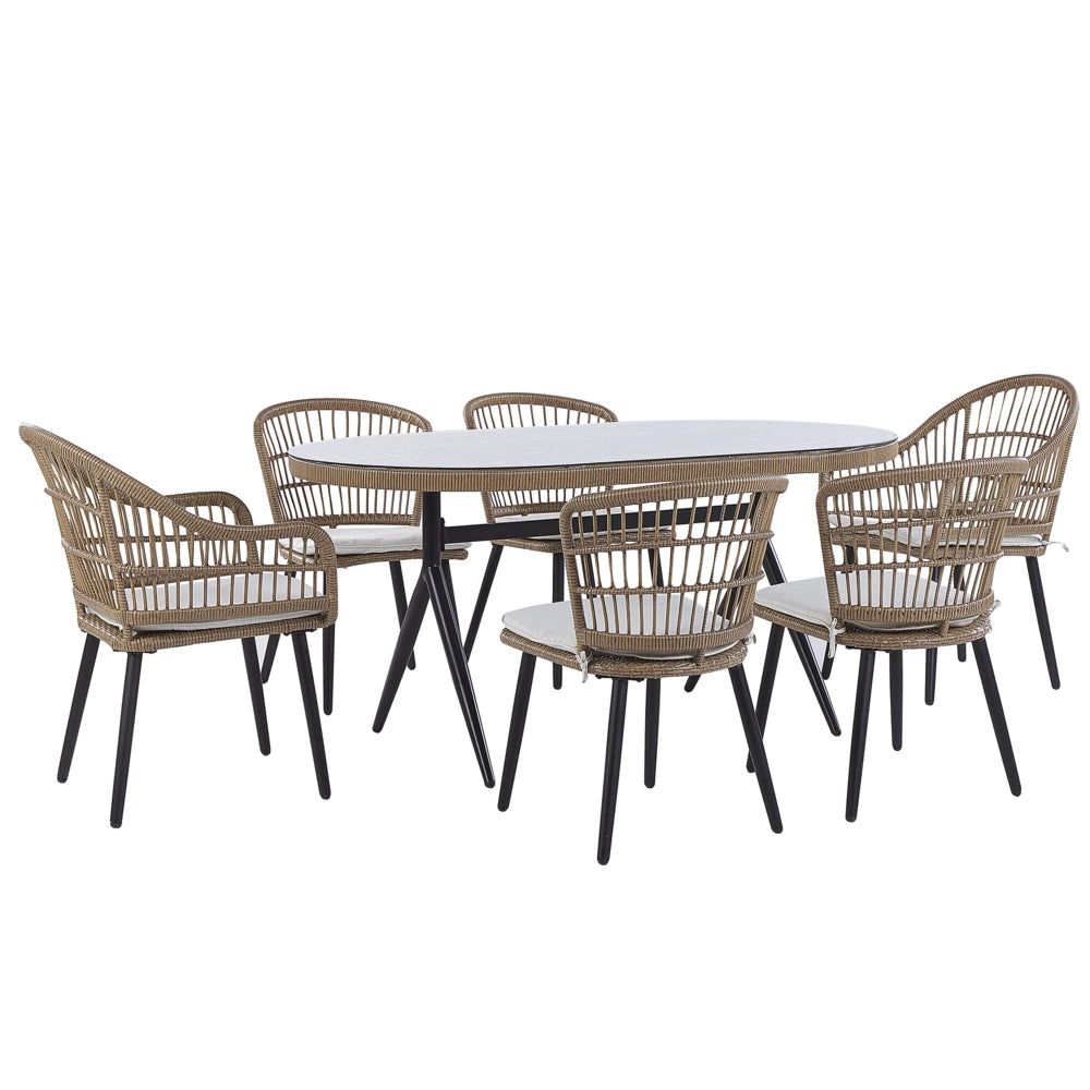 Set da bistrot da 3 pezzi in rattan sintetico marrone con gambe a forcina in metallo Nero piano in vetro