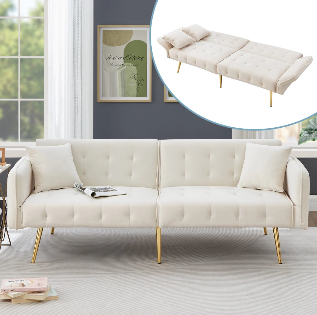 Divano letto 2 posti ULEVR 178x82x70 cm con schienale e braccioli regolabili, velluto bianco antico