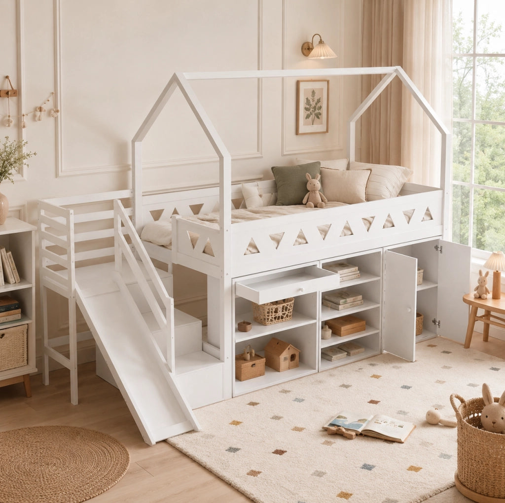 Letto singolo ULEVR 90x200 cm per bambini con scivolo, scale, cassetti e mobile contenitore, bianco
