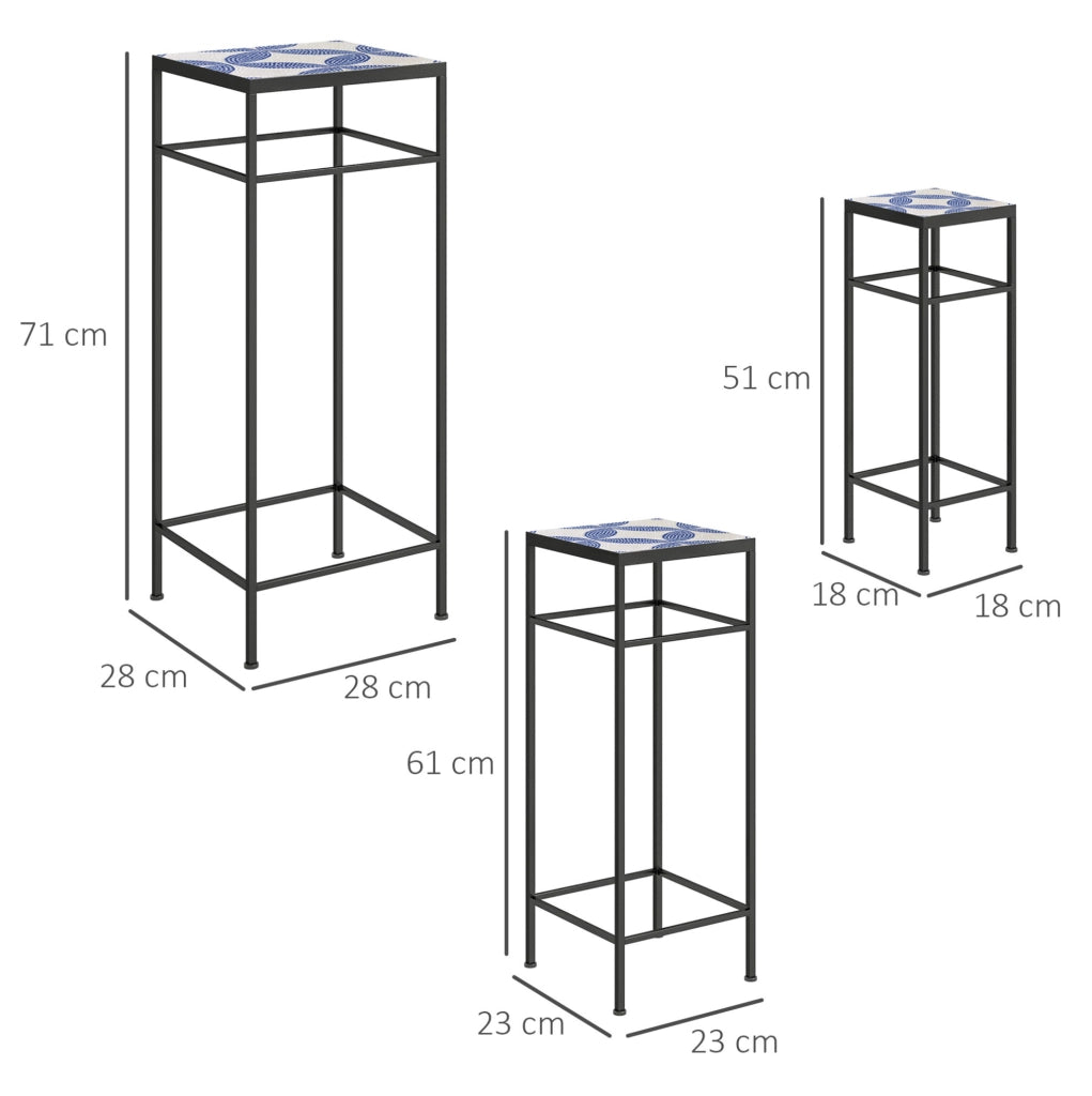 Set di 3 Supporti per Piante in Metallo con Piano a Mosaico Blu e Bianco, Altezza 71 cm, per Interni e Esterni