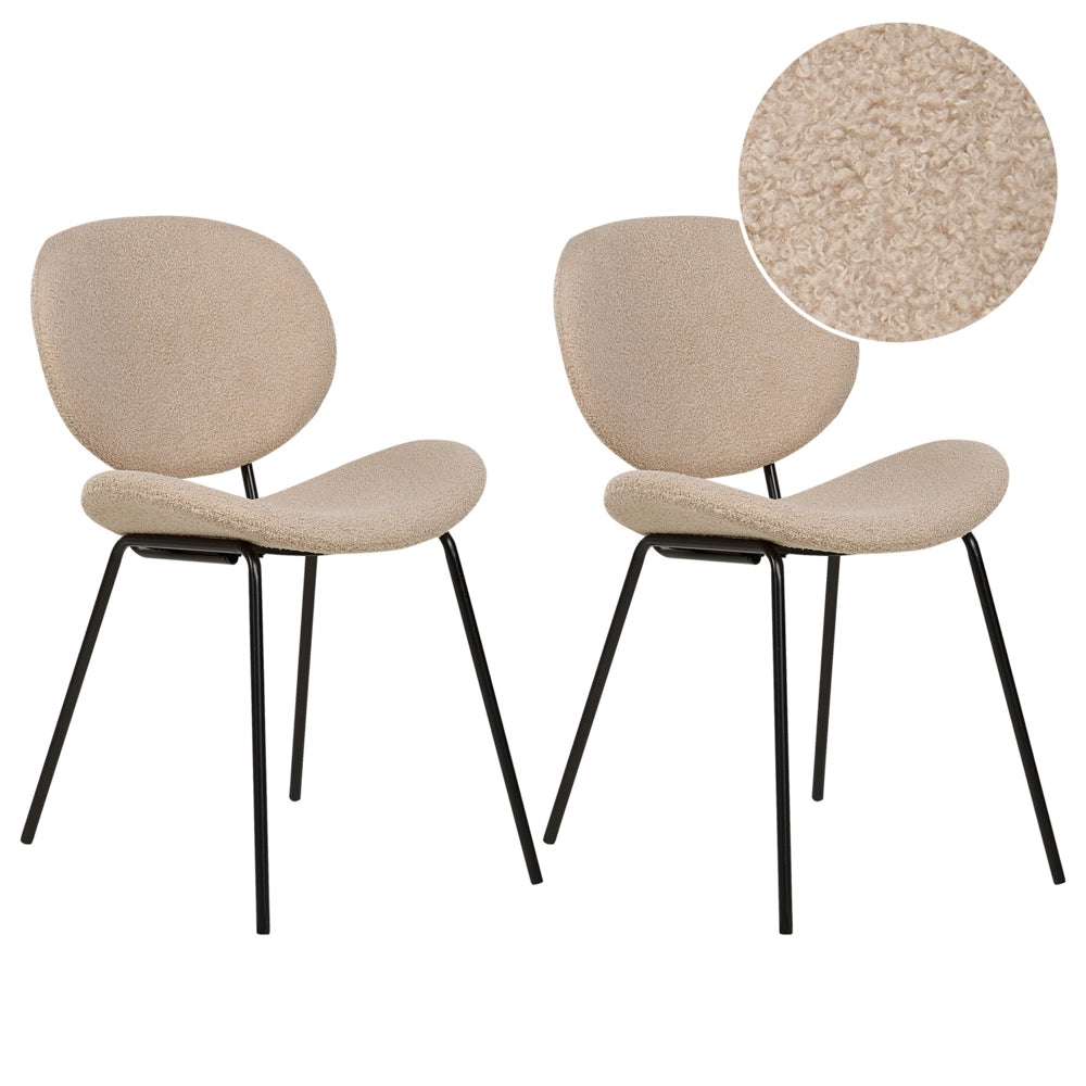 Set di 2 sedie in bouclè tortora con gambe nere in ferro nero Design contemporaneo e retrò Sedute per la sala da pranzo