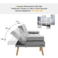 Divano Letto 3 Posti Stile Scandinavo Reclinabile con Tavolino a Ribalta, 181x77x88 cm, Grigio