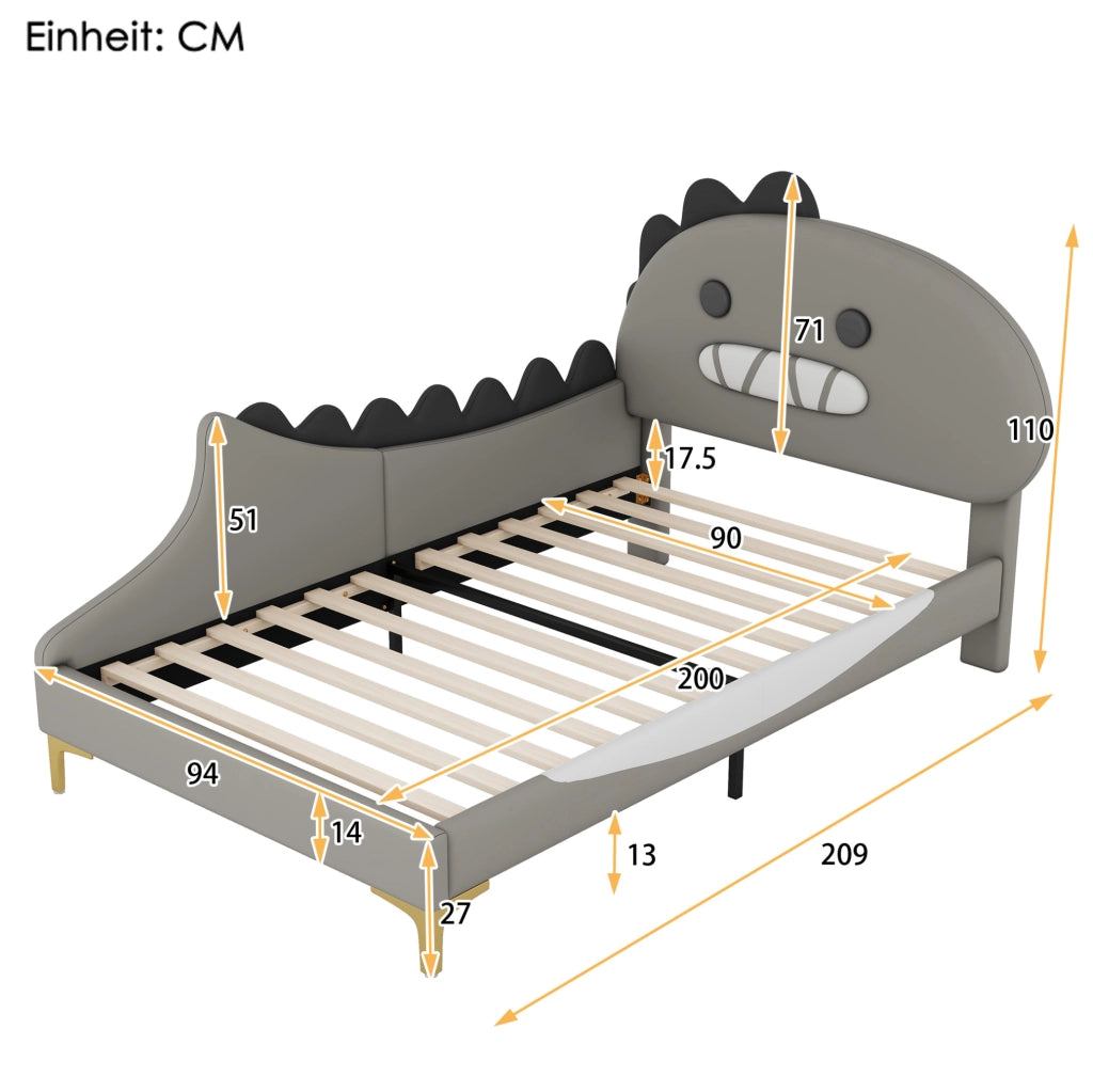 Letto per bambini a forma di dinosauro grigio 90 x 200 cm