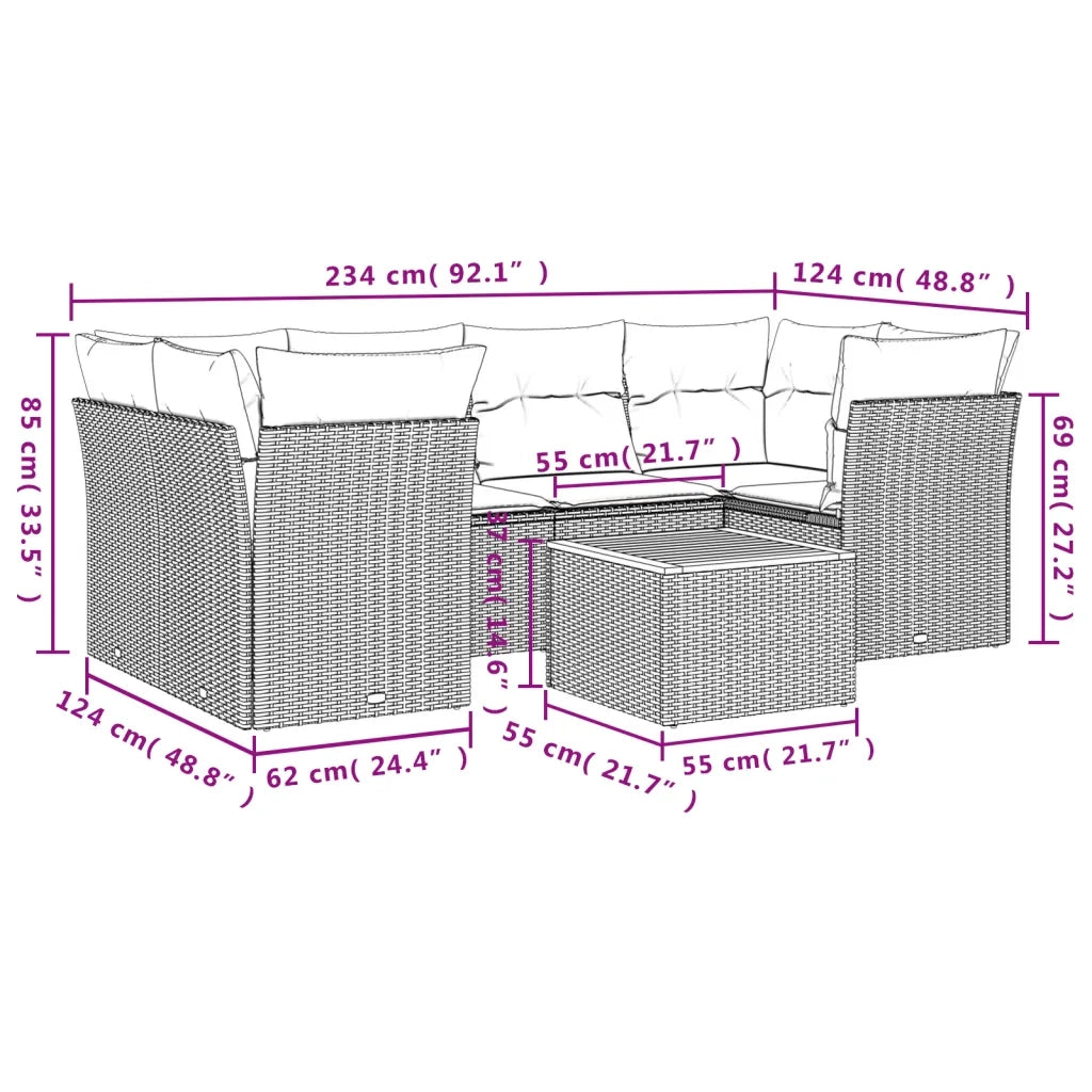 Set Divani da Giardino 7 pz con Cuscini Beige in Polyrattan