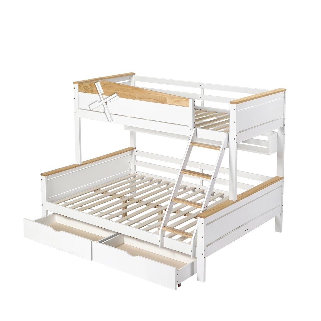 Letto a castello con mulino a vento - Zephmum - 90x200cm&140x200cm - Bianco+Naturale - Con scaffali, protezioni e cassetti