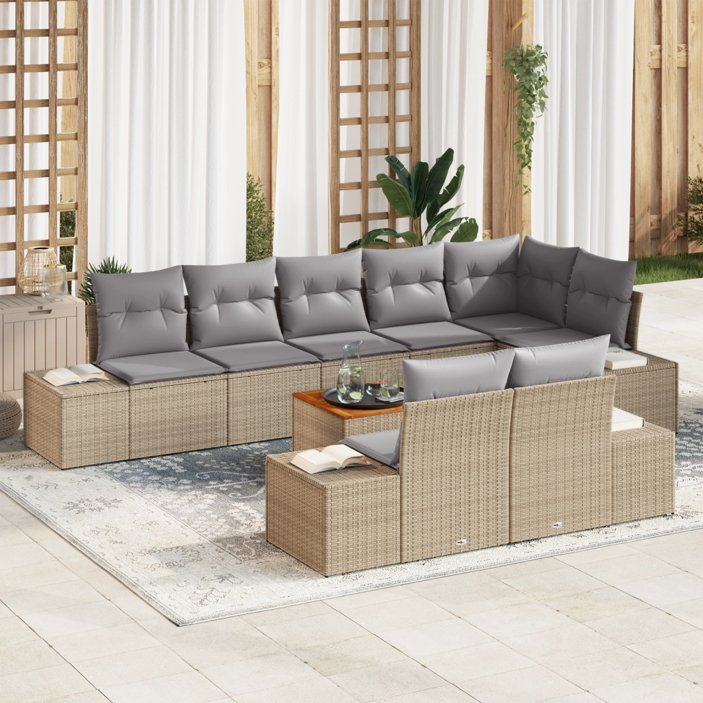Set di divani da giardino 9 pezzi con cuscini Beige Polyrattan Acacia