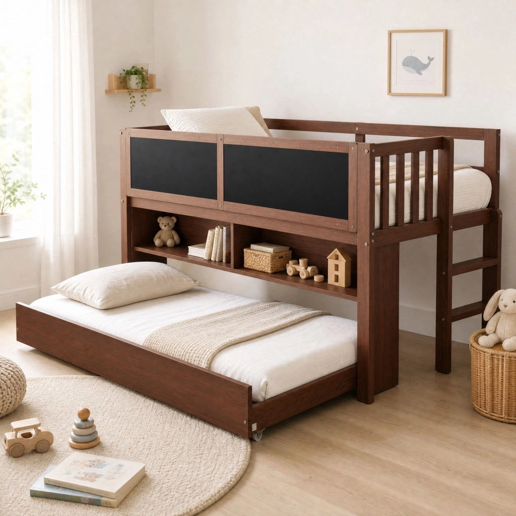 Letto per bambini 90x200 cm con letto estraibile; lavagna e ripiani aperti marrone