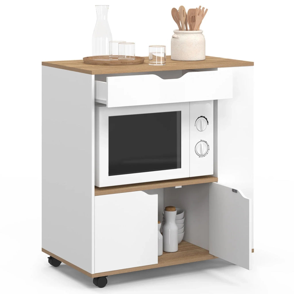 IDMarket - Credenza COSI per microonde con cassetto e ripiani per spezie in legno bianco e vassoi in faggio L.76 cm
