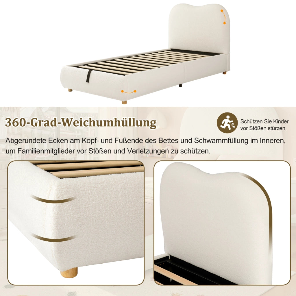 OKWISH Letto Contenitore 90×200 cm, Letto Singolo con Contenitore, Testiera Imbottita e Rete Inclusa, senza Materasso, Bouclé Beige