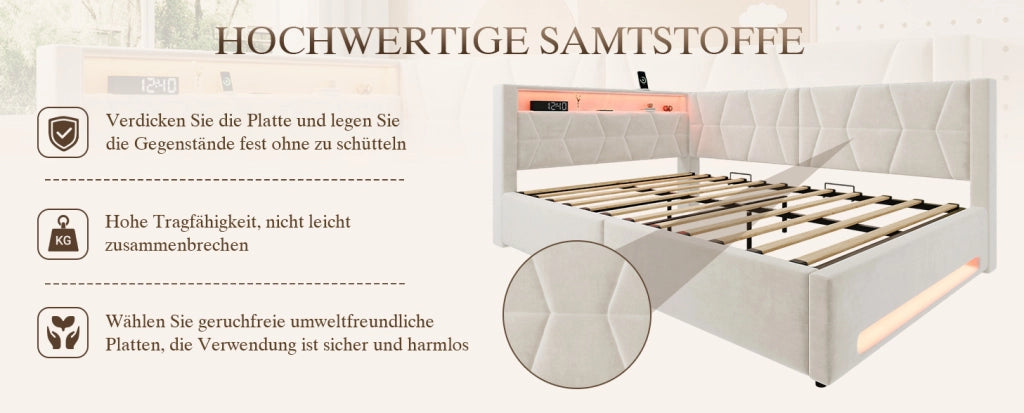 Letto imbottito 140x200 cm in velluto beige con contenitore, LED, USB e Type-C