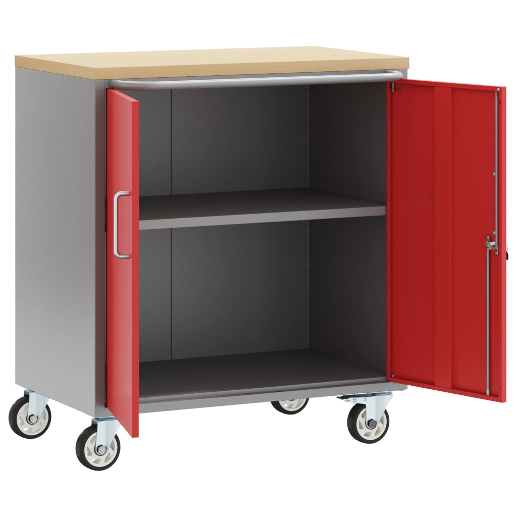 Mobile per Attrezzi con Ruote e Porte Rosse e Grigie Bloccabili 75x45x85 cm Acciaio