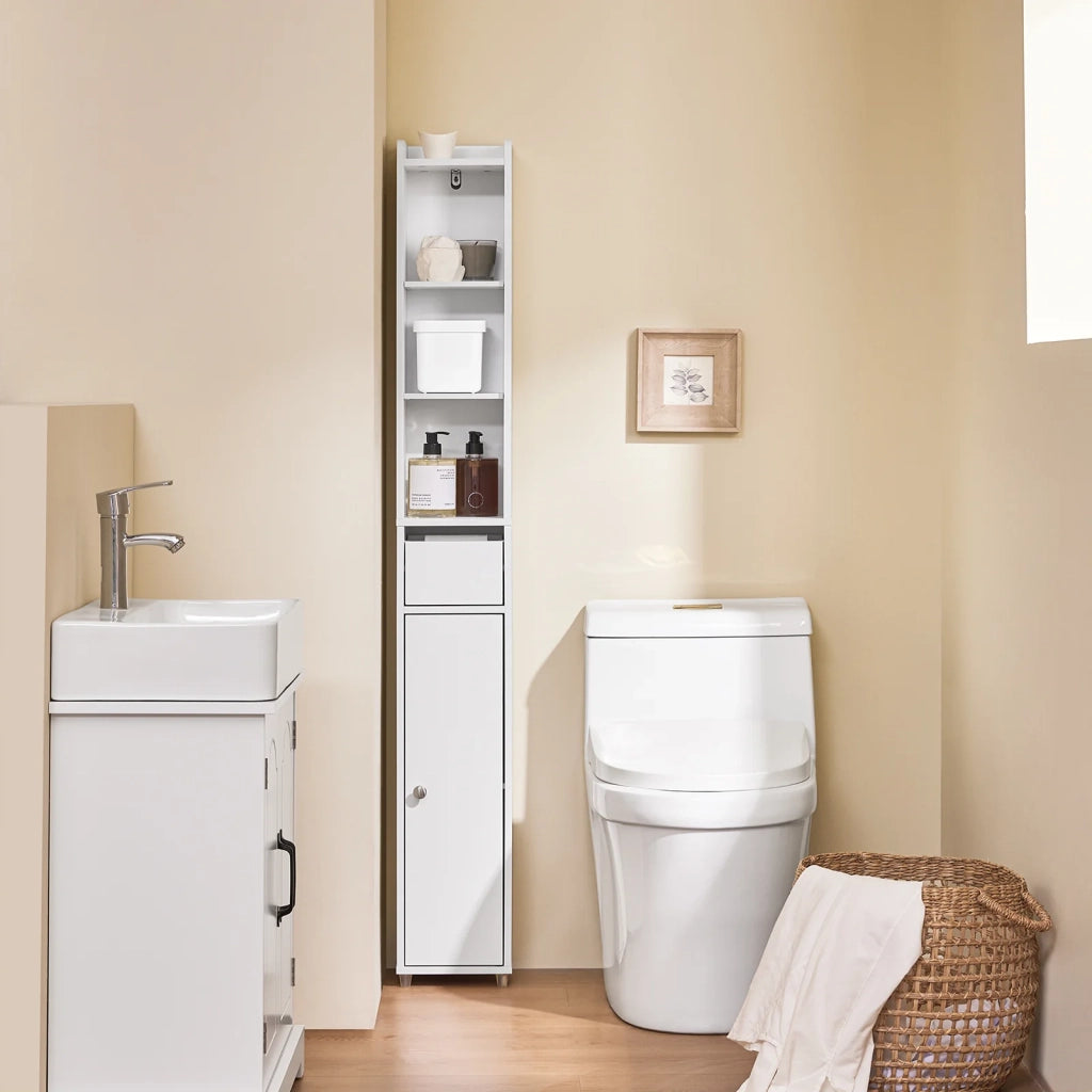 SoBuy BZR34-K-W Mobile Bagno Salvaspazio Colonna Alta Mobiletto Bagno Stretto con Anta e Cassetto Armadietto Bagno Multiuso Mobile Alto per Lavanderia e WC 20x20x145cm