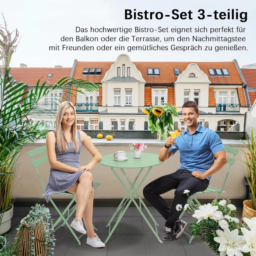Set da Bistrot Pieghevole 3 Pezzi, Tavolo da Giardino Bistrot in Metallo, 1 Tavolo e 2 Sedie per Piccoli Balconi, Resistente alle Intemperie, per Balcone, Giardino e Terrazzo, Verde