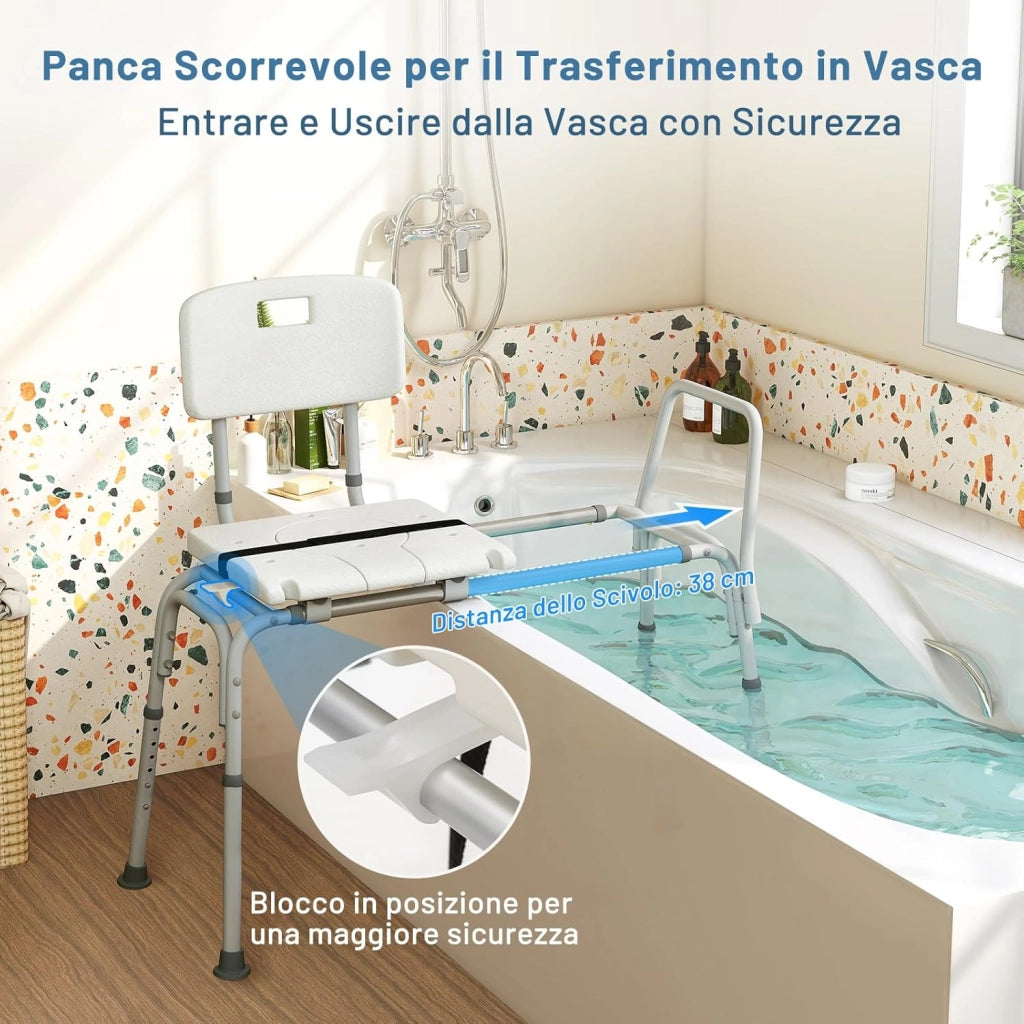 Sedia per Doccia Anziani con Posizione e Altezza Regolabili 105 x 49 x 85-95 cm, Sgabello per Vasca da Bagno con Schienale, Braccioli e Cintura di Sicurezza per Donne Incinte (Modello 1)