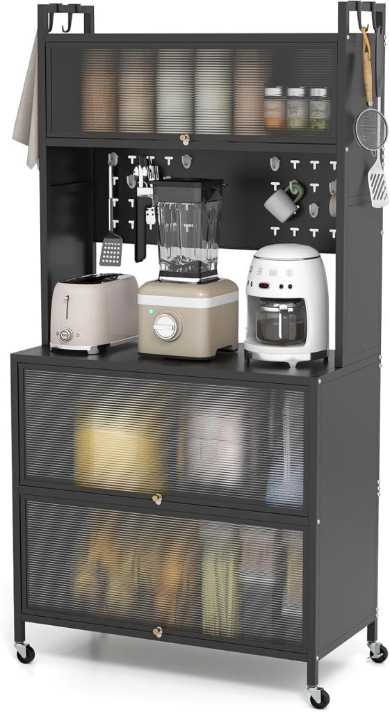 Credenza da Cucina a 5/6 Livelli, Armadietto Dispensa con 4 Ruote Universali, 4 Ganci e 10 Tasselli, Ripiano in Ferro, Mobile Buffet per Soggiorno, Sala da Pranzo (Grigio, 80 x 40 x 164 cm)