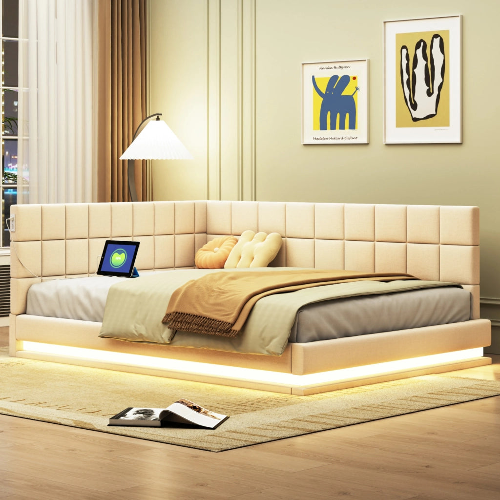 Divano letto 140x200 cm con LED multicolore; USB e rete a doghe in lino beige