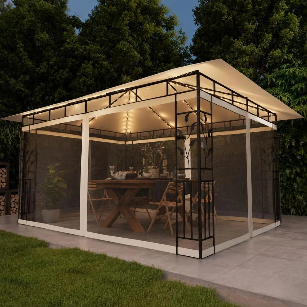 Pavilion With Mosquito Net & LED String Lights 4x3x2.73m Cream White