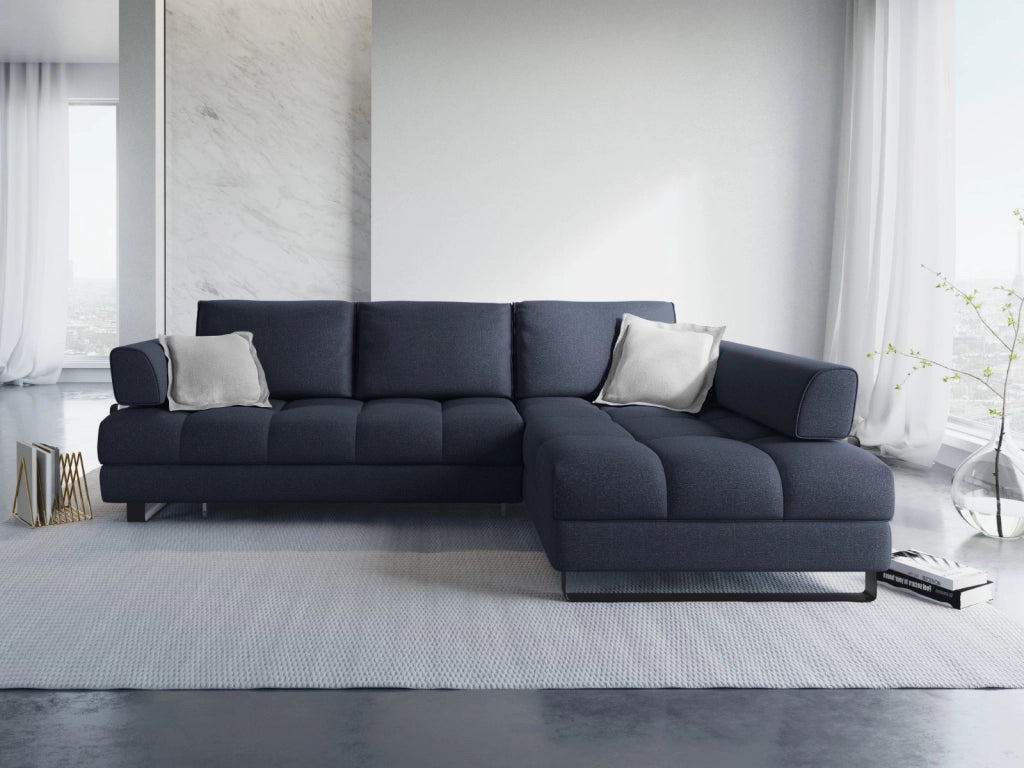Cosmopolitan Design - Divano convertibile angolare destro con box "Clinton" 5 posti in tessuto strutturato blu scuro 