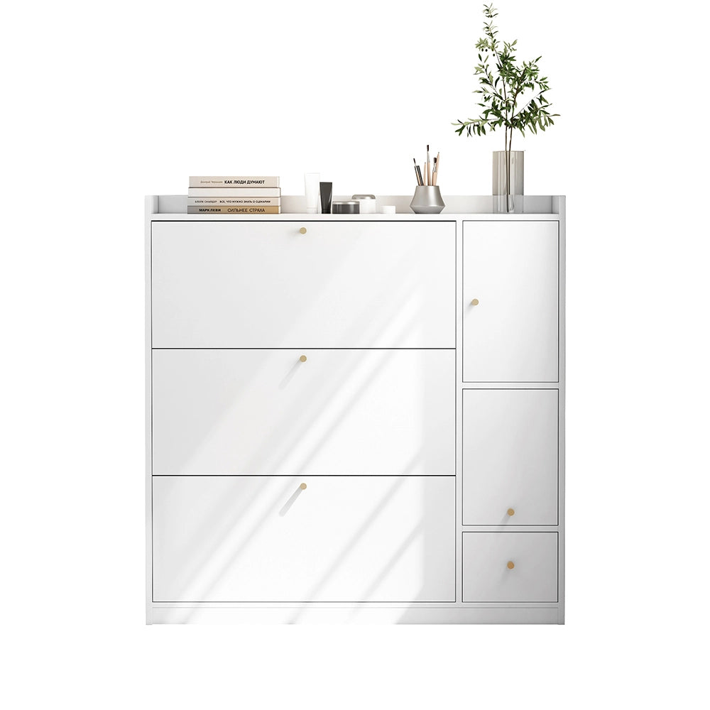 Armoire ?? chaussures polyvalente - Xylo - 119*24*122 - Blanc - 3 tiroirs rabattables avec banc